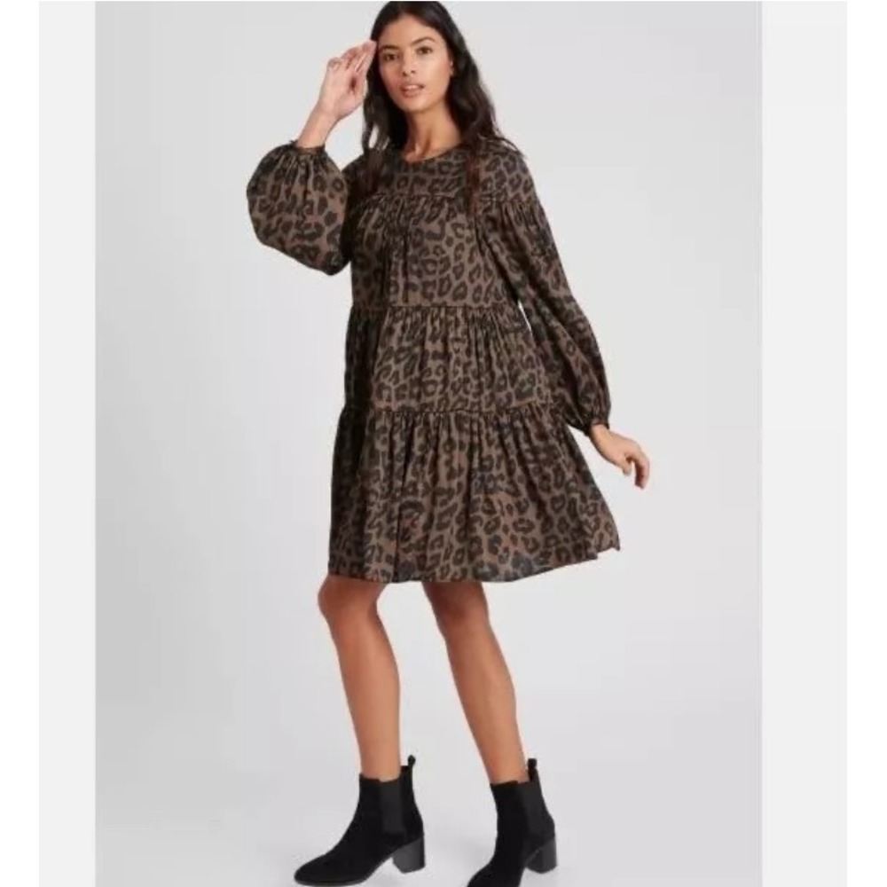 Banana Republic Women's XS Leopard Satin Tiered Mini Dress Babydoll NWT